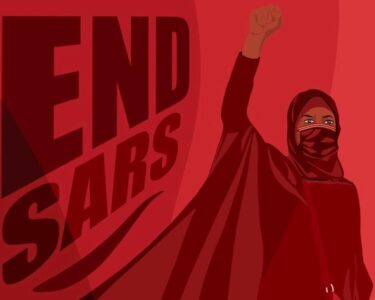 Red Illustration of Aisha Yesufu with #EndSARS written on the side.